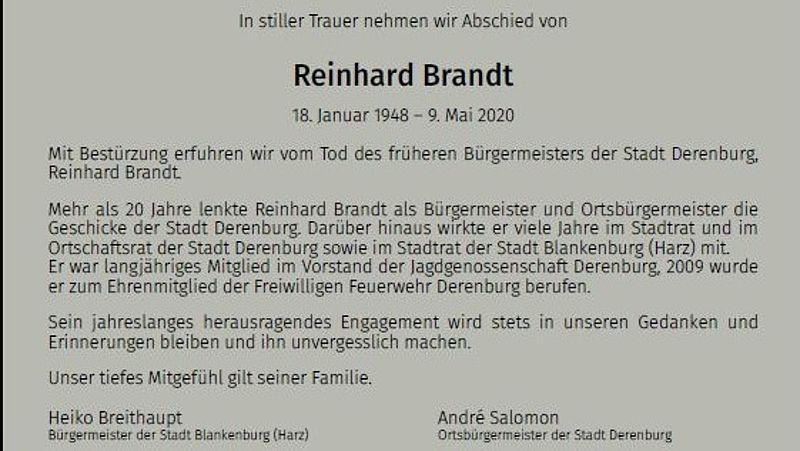 Blankenburg Derenburgs Altburgermeister Reinhard Brandt Verstorben